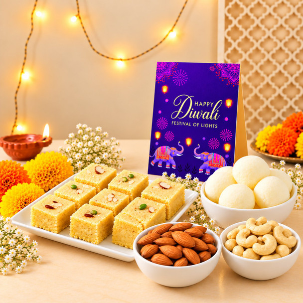 Festive Soan Papdi with Rasgulla and Nuts Diwali Gift Combo