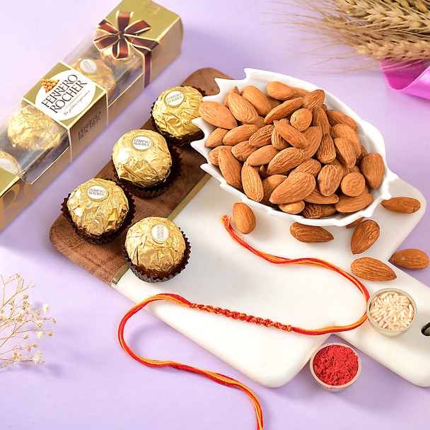 Rakhi Thread With Almond & Ferrero Rocher 3 pcs