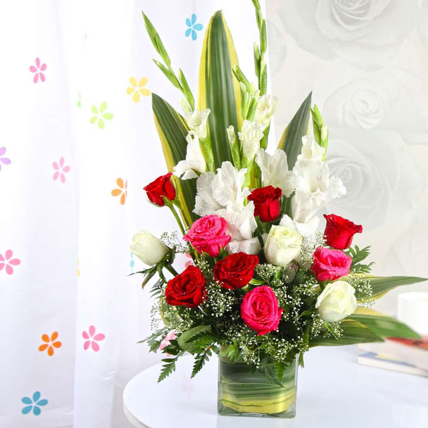Exotic Vase Arrangement of Roses and Glads
