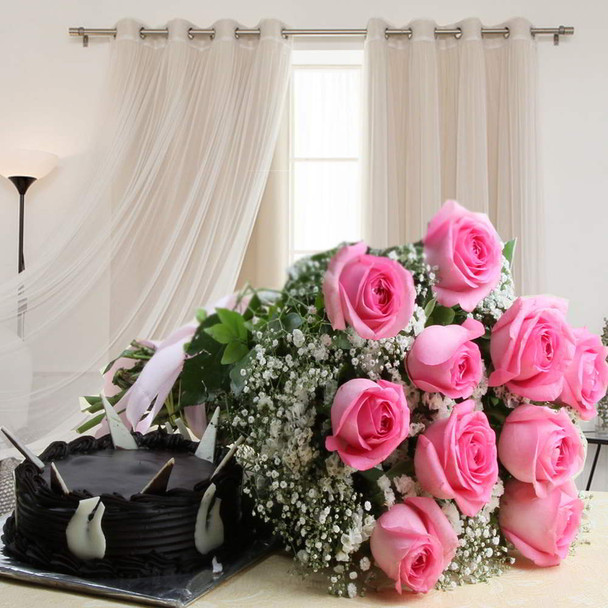 Pink Roses Bouquet with Chocolate Cake - Same Day Delivery