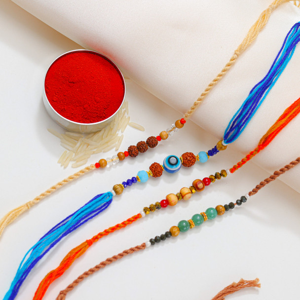 Set of 4 Colourful Beads & Rudraksh Rakhi - For New Zealand