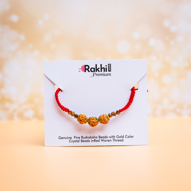 Genuine Five Rudhaksa Beads And Gold Crystal Beads In Red Woven Thread - For Australia
