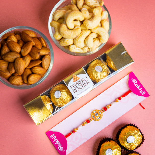 Rakhi With Ferrero Chocolates And Healthy Nuts - For Australia