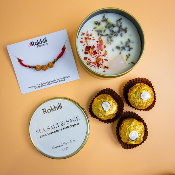 Premium Rudraksh Rakhi with Aroma Candle & Ferrero Chocolates - For Australia