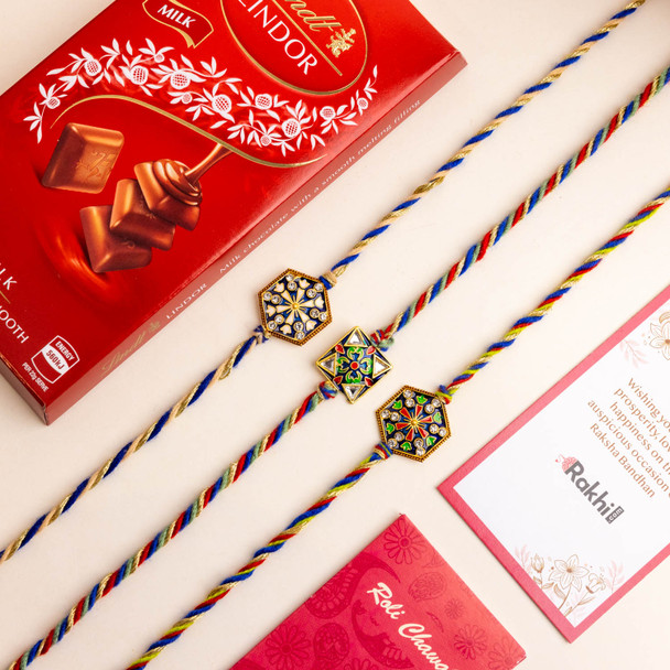 3 Enamel Rakhi Set With Lindt Lindor Bar