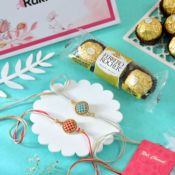 Golden Mantra Rakhi Set With Ferrero Rocher