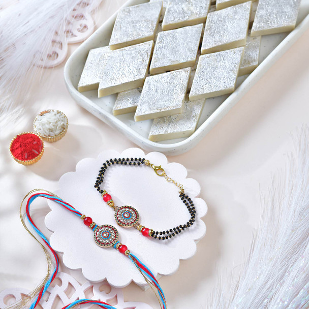 Stylish & Traditional Two Rakhi Set With Kaju Katli