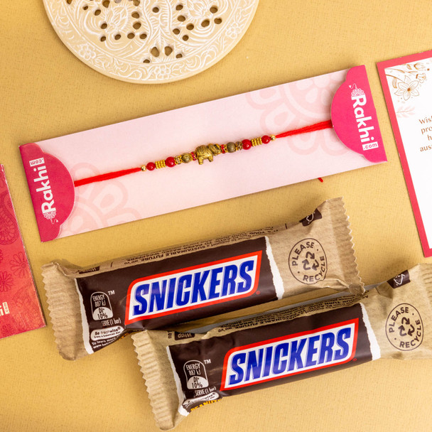 Golden Elephant Rakhi with Snickers Chocolate -For Canada
