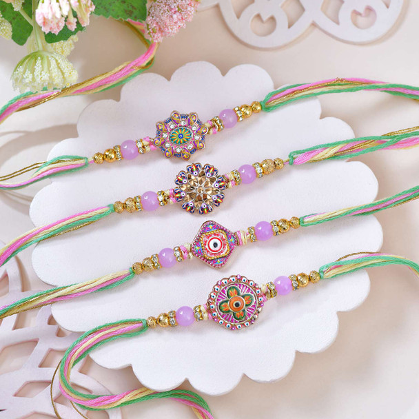 Four Rangoli Rakhi With Besan Laddu