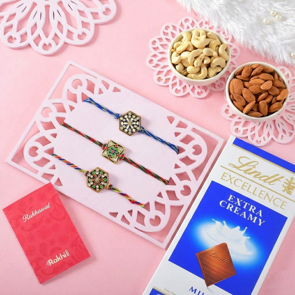 3 Meenakari Rakhi Set With Lindt & Dry Fruits