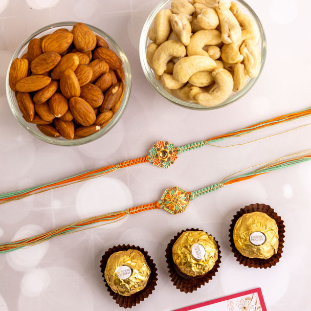 Cheerful Rakhi Set with Dry fruits and chocolates.