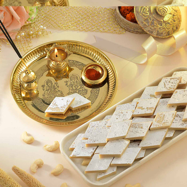 Brass Pooja Thali With Kaju Katli