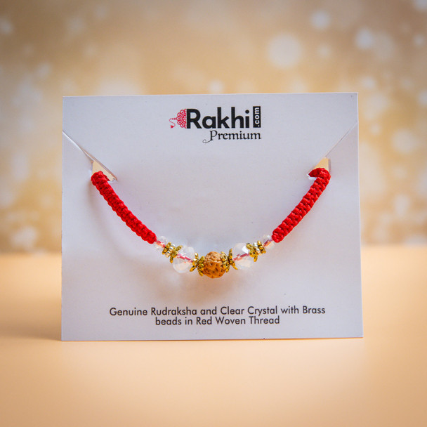 Genuine Rudraksha and Clear Crystal with Brass beads in Red Woven Thread