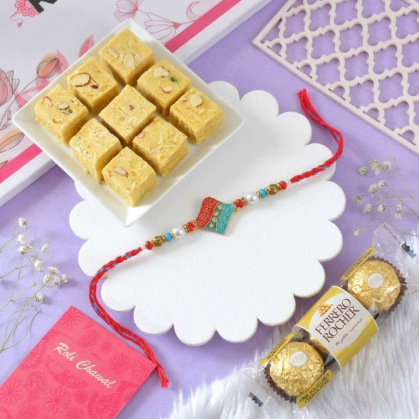 Big Bro Metallic Rakhi with Soan Papdi and Rocher