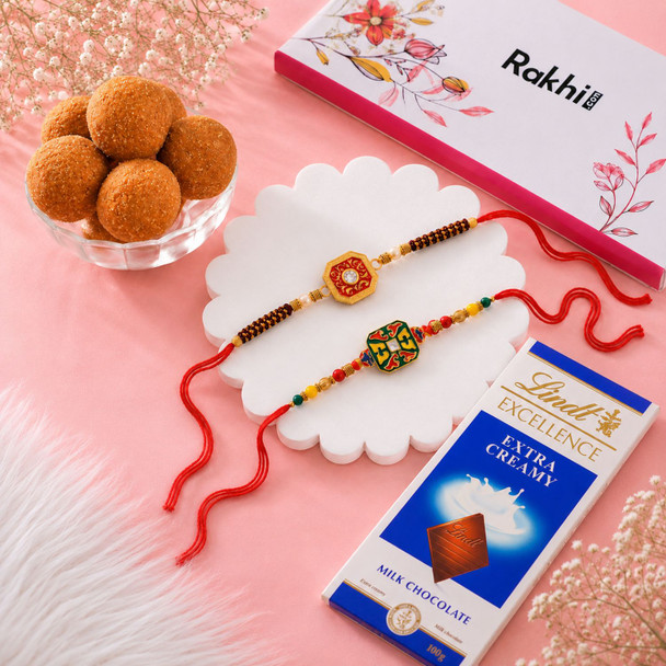 Set of Metallic Rakhi with Besan Laddoo & Lindt Chocolate