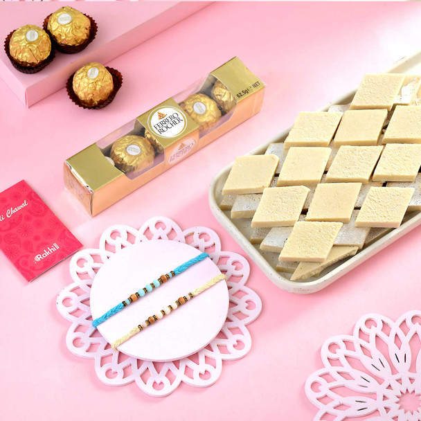 Set of 2 Beaded Rakhi with Kaju Katli & Ferrero Rocher