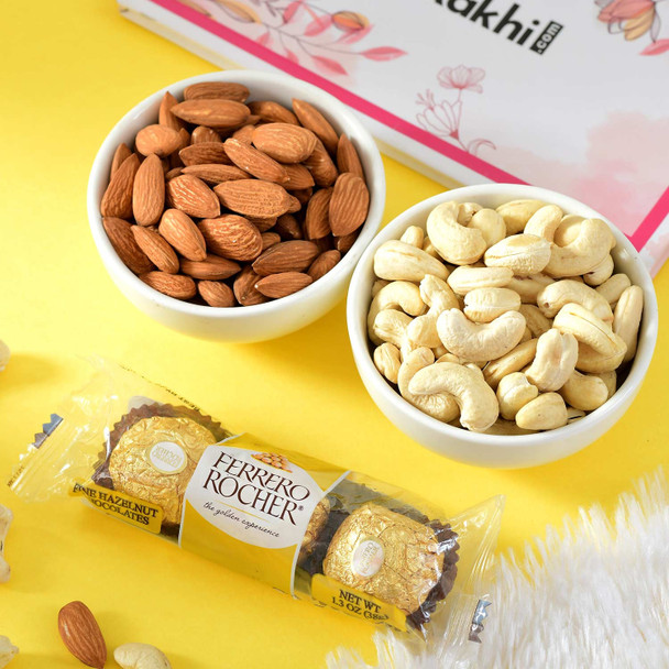 Designer Red Flower Rakhi Choco Nut Hamper