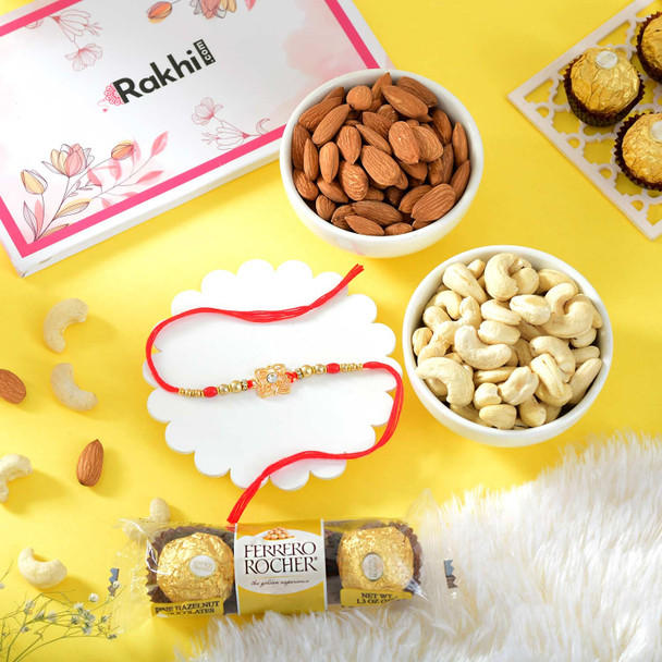 Designer Red Flower Rakhi Choco Nut Hamper