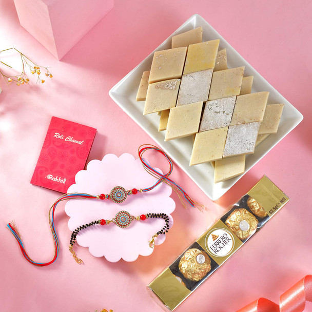 Stylish & Traditional Two Rakhi Set With Kaju Katli And Ferrero Rocher
