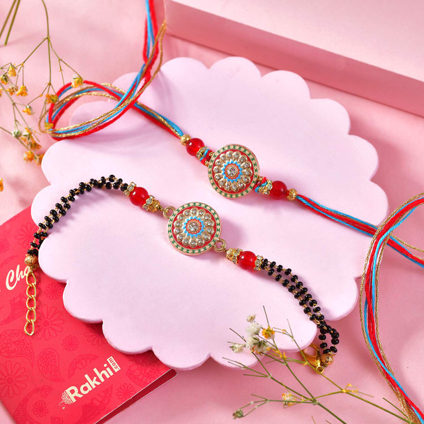 Stylish & Traditional Two Rakhi Set With Kaju Katli And Ferrero Rocher