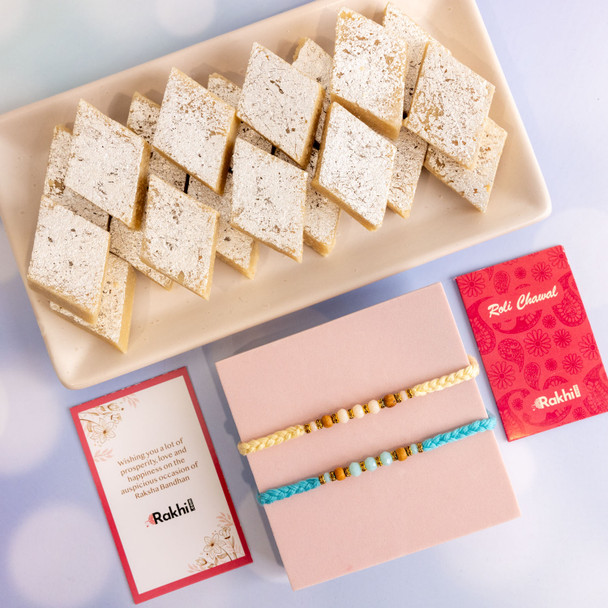 Two Hand Crafted Beads Rakhi With Kaju Katli