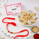 Elegant Pearl & Crimson Beaded Rakhi with Kaju katli