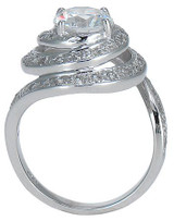 Round 1.25 carat lab grown cubic zirconia pave set swirled solitaire engagement ring in 14k white gold.
