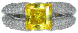 Princess cut 1.5 carat canary lab grown diamond simulant cubic zirconia pave encrusted split shank solitaire engagement ring in 14k white gold.