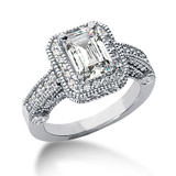 Legend 1.5 Carat Emerald Cut Lab Grown Diamond Alternative Cubic Zirconia Pave Halo Cathedral Solitaire Engagement Ring.
