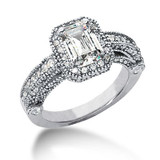 Legend 1 Carat Emerald Cut Lab Grown Diamond Simulant Cubic Zirconia Pave Halo Cathedral Solitaire Engagement Ring.