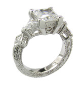 Deconence 1.5 carat princess cut lab grown diamond look cubic zirconia trillion engraved antique ring in 14k white gold.