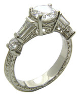 Bartlet 1 carat round baguette engraved lab grown diamond simulant cubic zirconia estate antique ring in 14k white gold.