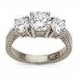 Vintage 1 carat round center lab grown diamond alternative cubic zirconia engraved three stone ring in 14k white gold or platinum.
