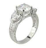 Round and heart laboratory grown diamond look cubic zirconia engraved estate antique solitaire engagement ring in 14k white gold.