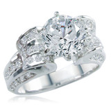 Scroll 2 carat round lab grown diamond alternative cubic zirconia pave solitaire engagement ring in 14k white gold.