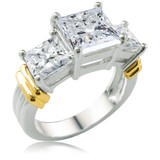 Two tone 2.5 carat princess cut lab grown diamond look cubic zirconia square three stone engagement ring in 14k white gold.
