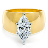 3 carat marquise lab-grown diamond alternative cubic zirconia set on a wide cigar band 14k yellow gold with white gold prongs