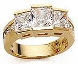 Squares 1 carat lab grown diamond quality cubic zirconia princess cut center three stone engagement ring in 14k yellow gold.