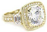 Lenova cushion cut lab created cubic zirconia halo ring with trapezoids set in 14k yellow gold.