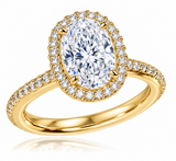 Hamilton 4 Carat Oval Laboratory Grown Diamond Simulant Cubic Zirconia Micro Pave Set Round Halo Eternity Engagement Ring in 14k or 18k yellow gold.