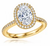 Hamilton 1 Carat Oval Lab Grown Diamond Look Alternative Cubic Zirconia Micro Pave Set Round Halo Eternity Engagement Ring in 14k or 18k yellow gold.