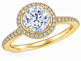 Hamilton 2 Carat Round Lab Grown Diamond Simulant Cubic Zirconia Micro Pave Set Halo Eternity Engagement Ring in 14k or 18k yellow gold.