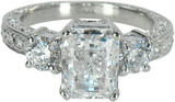 Emro 2.5 carat emerald cut lab grown diamond alternative cubic zirconia three stone antique estate ring in 14k white gold.