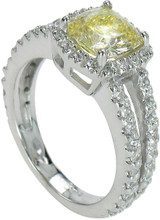 Carlton Cushion Cut 1.5 carat canary square lab grown diamond simulant cubic zirconia pave set halo split shank engagement ring in platinum.