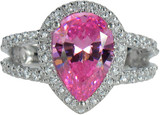 Carlton Pear 3 carat lab created pink diamond simulant cubic zirconia pave set halo split shank engagement ring in platinum.