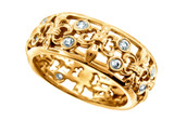 Fleur de lis bezel set round lab grown diamond simulant cubic zirconia wedding band in 14k yellow gold.
