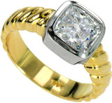 Cushion Cut 1.5 Carat Bezel Solitaire with lab grown diamond look cubic zirconia in 14k two tone gold.