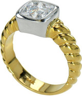 Cushion Cut 1.5 Carat Bezel Engagement Ring with lab grown diamond simulant cubic zirconia in 14k two tone gold.