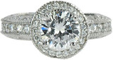 Roseta 1.5 carat round lab created diamond simulant cubic zirconia halo pave solitaire engagement ring in platinum.