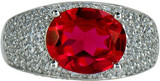 Lab created 3.5 carat ruby oval gemstone engagement ring pave set round lab grown diamond alternative cubic zirconia in platinum.
